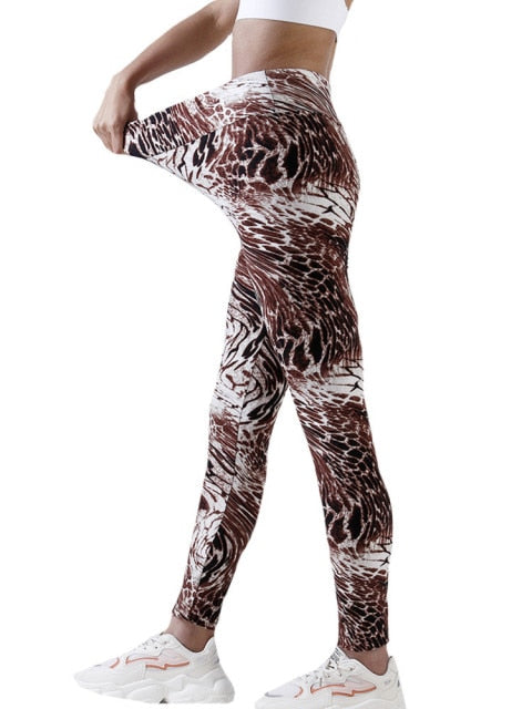 Women's Leopard Print Mesh Split Joint Ruched Yoga Pants - SEASUM